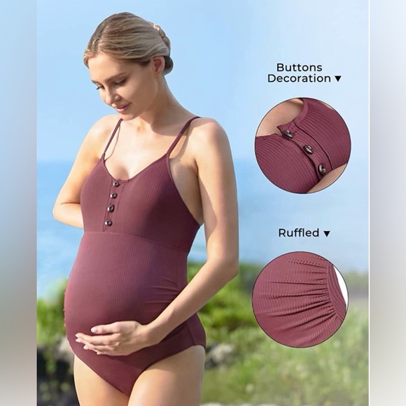 Maternity Swimsuit One Piece With Ribbed, Button Front Design Size XL — Burgundy - Picture 2 of 7